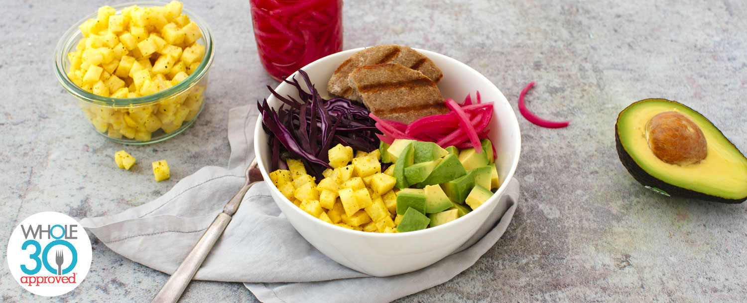 Recipes - Rainbow Burger Bowl with Lemon Turmeric Dressing - Applegate