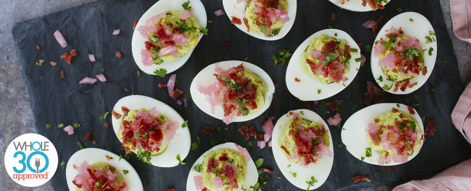 Recipes - Guacamole Deviled Eggs with Turkey Bacon and Pickled Onions - Applegate