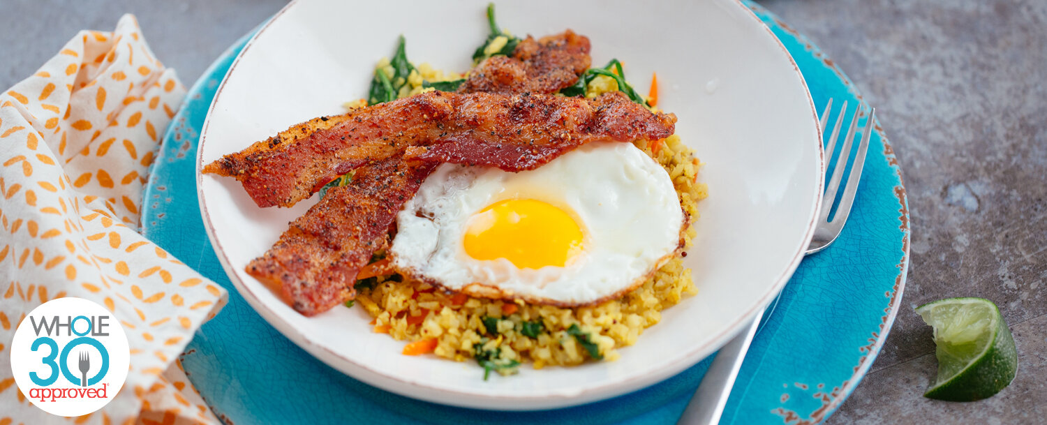 Recipes - Curried Cauliflower Breakfast Bowl with Spicy Bacon - Applegate