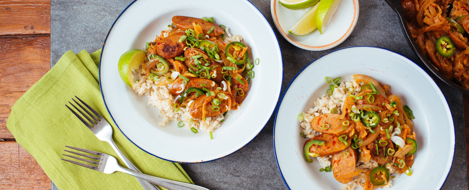 Recipes - Roasted Red Pepper Sausage with Kimchi and Jalapeños - Applegate