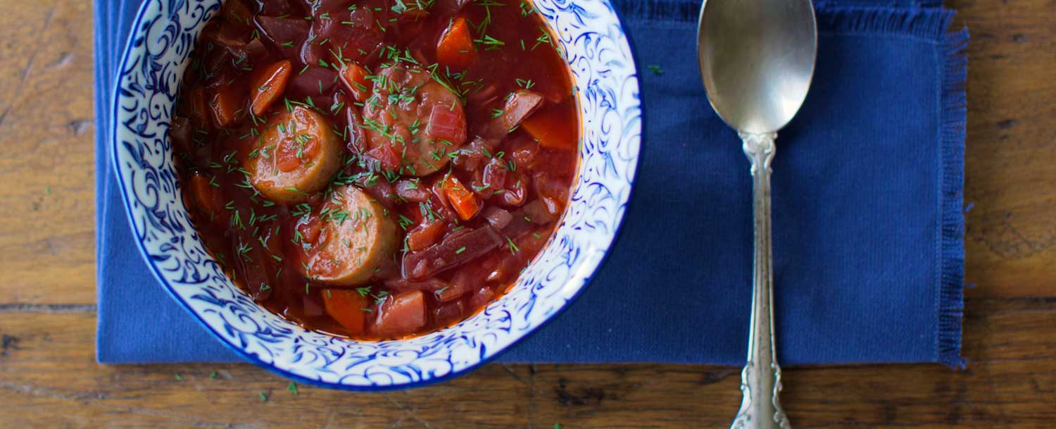 Recipes - Beet & Red Cabbage Borscht w/ Chicken-Apple Sausage - Applegate