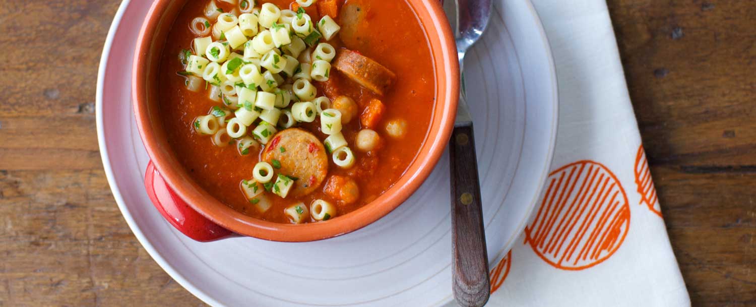 Recipes - Roasted Red Pepper Soup with Sausage and Chickpeas - Applegate
