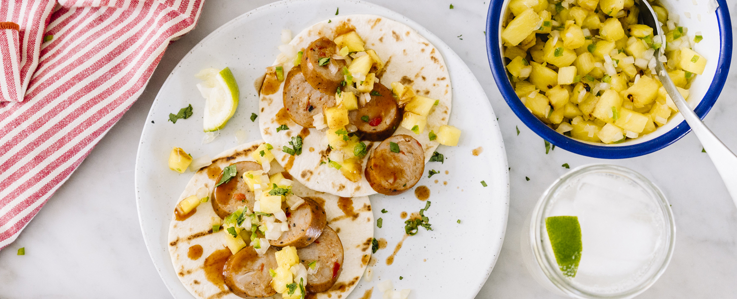 Recipes - Roasted Red Pepper Chicken Sausage Tacos with Grilled Pineapple Salsa - Applegate
