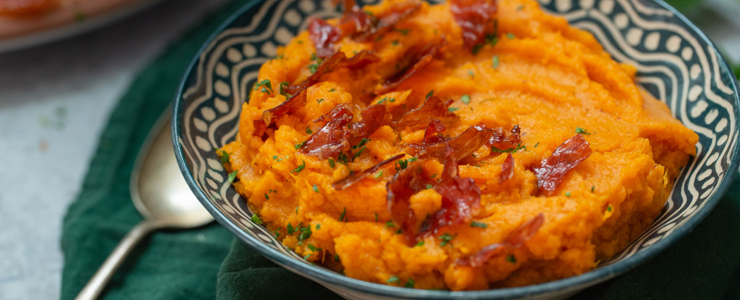 Recipes - Mashed Sweet Potatoes with Maple Prosciutto - Applegate