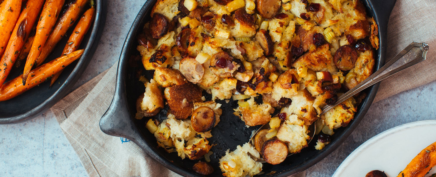 Recipes - Sausage Stuffing with Apples and Cranberries - Applegate