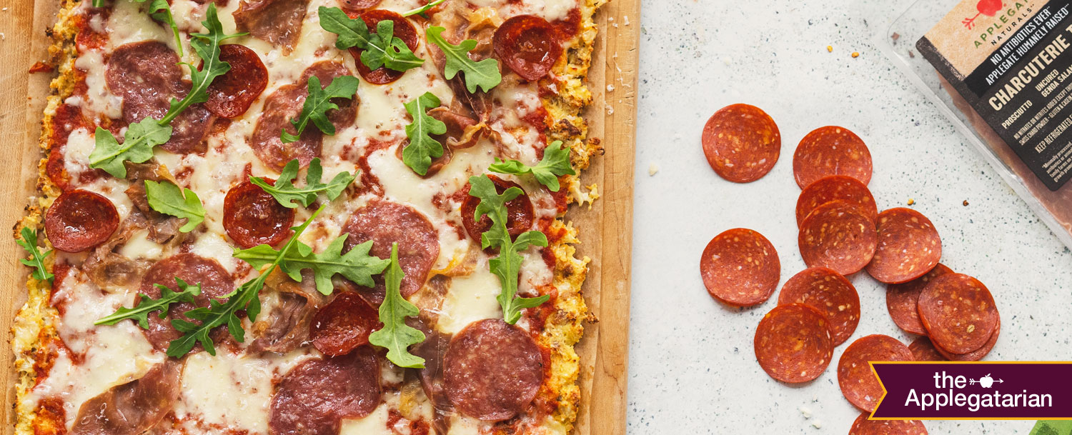 Recipes - Meaty Cauliflower Crust Pizza - Applegate