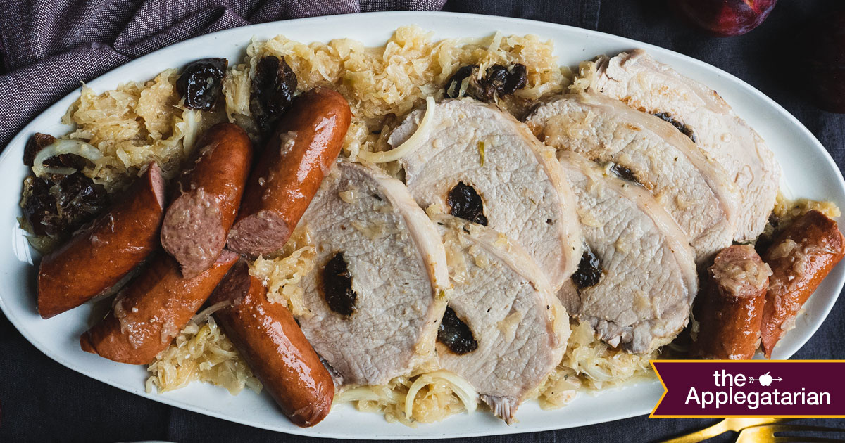 Recipes - Prune-Stuffed Roast Pork with Kielbasa and Sauerkraut Recipe - Applegate
