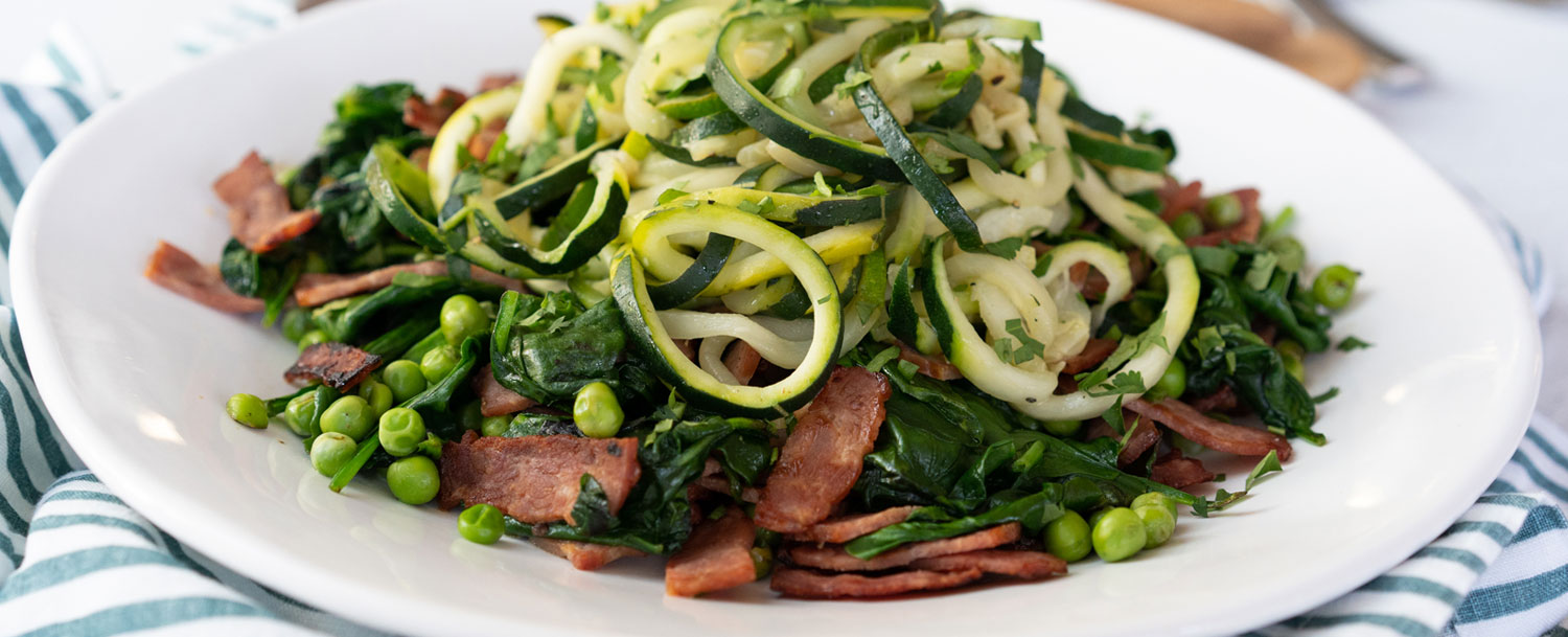 Recipes - Lemony Zoodles with Spinach, Peas and Turkey Bacon - Applegate