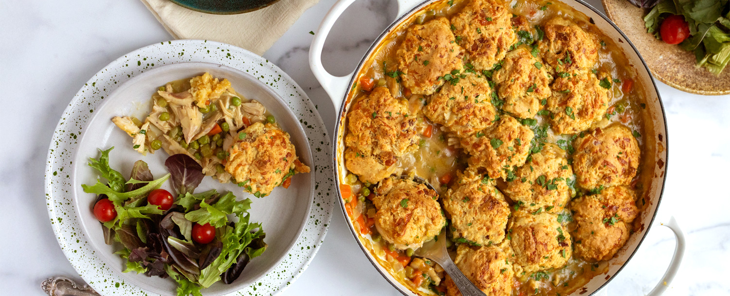 Recipes - Chicken Pot Pie with Bacon Cheddar Biscuits – Cozy One-Pan Dinner - Applegate